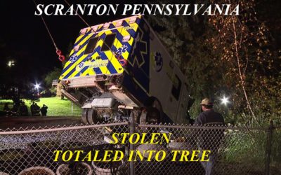 10/19/18 Scranton, PA – Woman Steals Pennsylvania EMS Ambulance From Hospital – Police Chase – Crashes Into Police Car – Crashes Over Bank And Hits Tree – Totaled