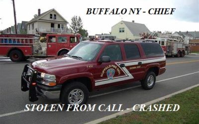 05/26/19 Buffalo, NY – Fire Chief’s Battalion Tahoe With Lights Flashing Stolen From Fire Call – Man Crashed Into A Camaro In A Driveway – Appeared To Be Intoxicated Behind The Wheel – Arrested