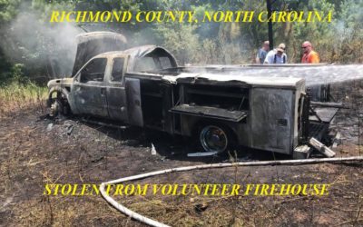 07/1/19 Richmond County, NC – Volunteer Fire Station Broken Into – Richmond County Fire Squad Stolen And Found In Anson County Woods Completely Destroyed By Fire – Total Loss