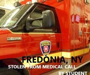 1/2/20 Fredonia, NY – 23 Year Old College Student Of Fredonia State University Stole Ambulance From Medical Call – Chase – Crash At Entrance Of College – Fought With Officers – Ambulance Sustained Lots Of Damage