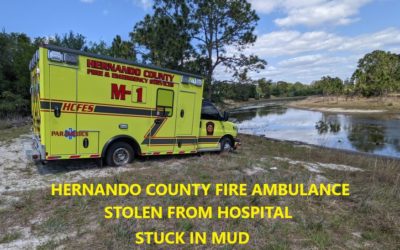 4/4/21 Hernando County, FL – Man Steals Hernando County Paramedic Ambulance From The Ambulance Bay Of Oak Hill Hospital In Brookville While The Crew Was Inside – Man Drove To Kass Circle – Got Ambulance Stuck In Mud – Captured Later