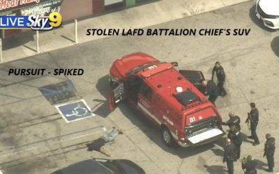 4/23/21 Los Angeles, CA – Man Steals LAFD Battalion Chief’s Marked SUV – Pursuit By LAPD – Spike Strips – Flat Tires – Gives Up