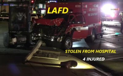 6/13/22 Los Angeles, CA – LAFD Ambulance Stolen Form Sherman Oaks Hospital – Pursuit – Crashes Into A Pick Up And SUV Then Takes A Light Pole Down – 4 Injured – Female Arrested