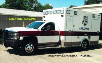9/20/23 Greenville, AL – Luverne EMS Ambulance Stolen While Parked At Taco Bell – Suspect Tried To Flee – Officers Took Fugitive Into Custody
