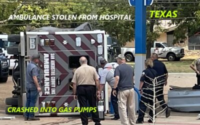 8/31/23 Rusk, TX – San Augustine County Ambulance Stolen From Hospital – Police Chase – Ambulance Crashed Into Gas Pumps At Convenience Store – Suspect Flown To Hospital With Injuries