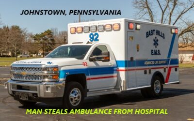 10/11/23 Johnstown, PA – Ambulance Parked In Front Of Hospital To Transport Patient – Man Steals It – Hits Utility Pole – Drives Over Train Tracks – Put On Reflective Vest – Arrested