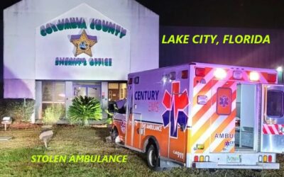12/11/23 Lake City, FL – Patient With Altered Mental Status Steals Ambulance On Scene – Pursued By Deputy – Ambulance Struck A Curb – Damage – Suspect Arrested At Sheriff’s Office