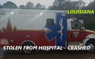 7/17/25 Desoto Parish, LA – Mental Illness Patient Steals Desoto EMS Ambulance From Emergency Room – Erratic Driving – Jumps Out Of Running Ambulance In Drive – Ambulance Crashed Into Metal Structure – Pending Charges After Capture